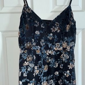 Lulus asymmetric wedding guest dress! Dark blue with embossed designs! medium